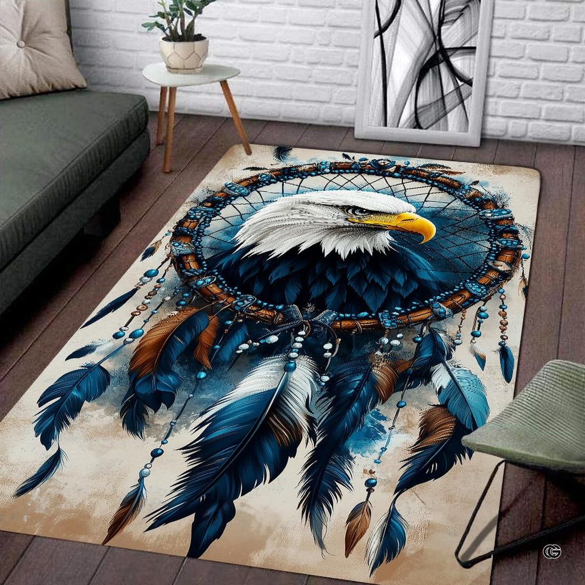 Dreamcatcher bald eagle living room area rug with beaded feathers and sacred hoop - image 1 of 7