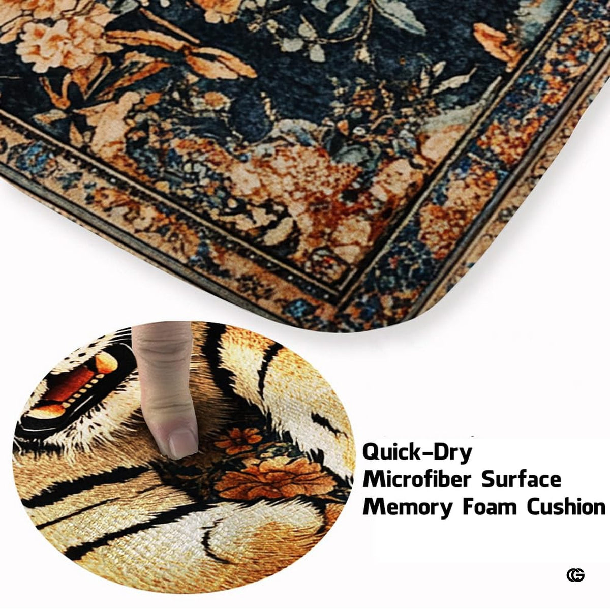 Soft low-pile microfiber fabric and foam cushioning detail of tapestry tiger rug