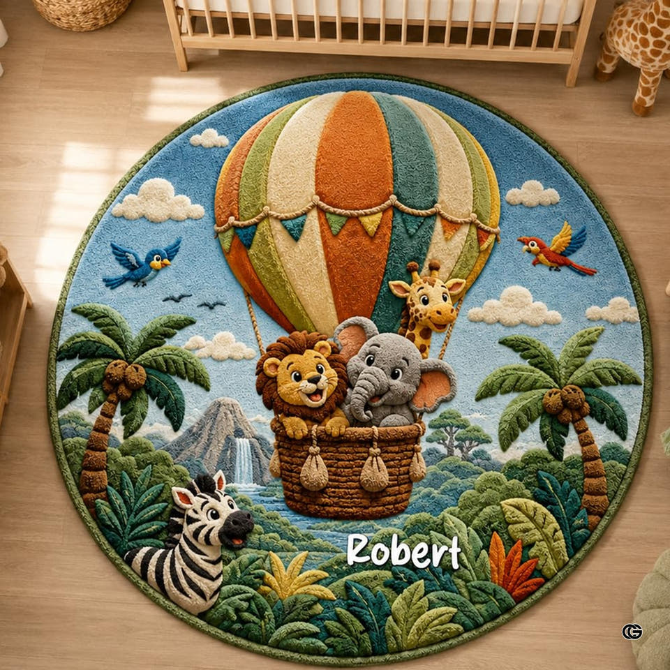 Safari nursery rug round floor piece with lion, elephant, and giraffe in a hot air balloon over palm trees.