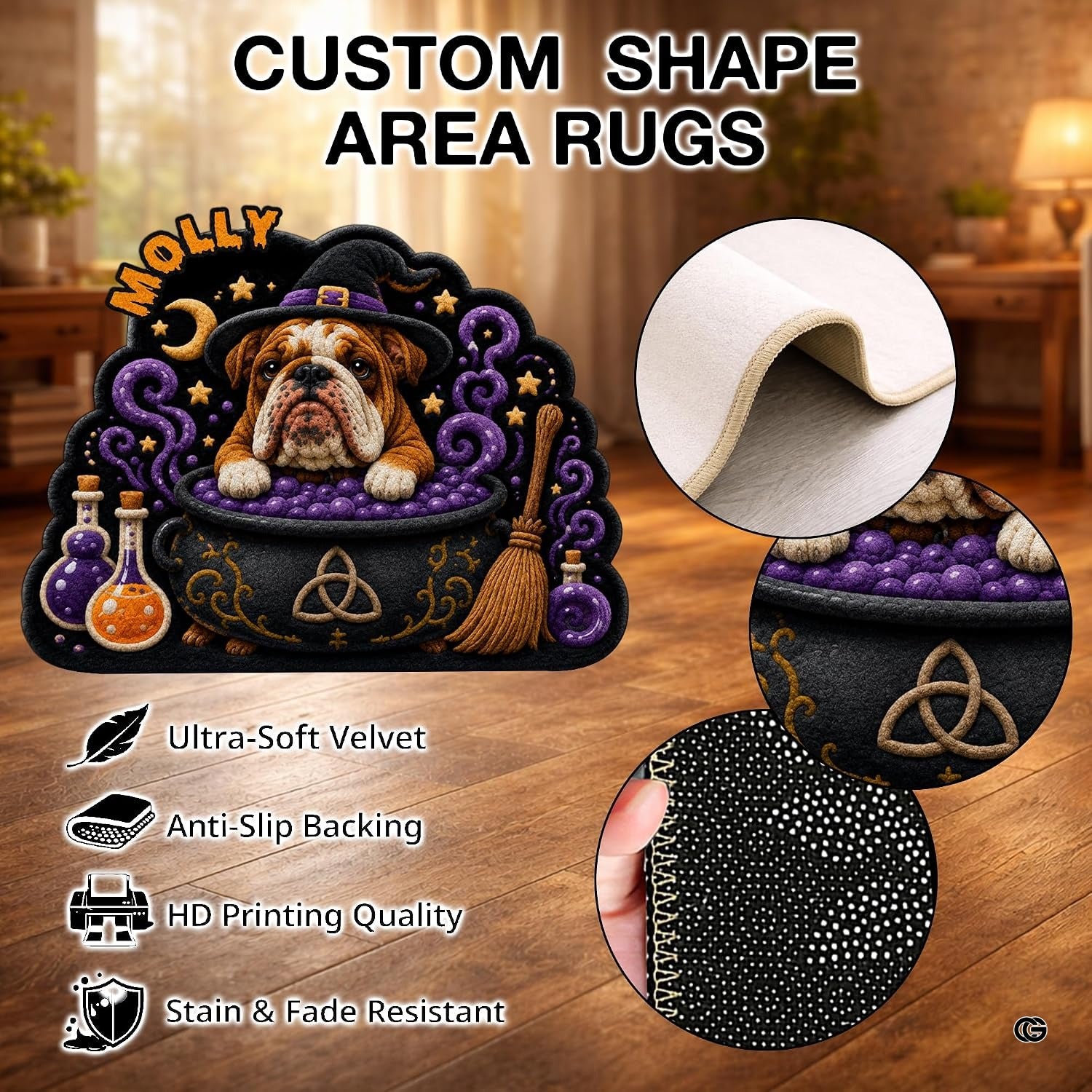 Custom Dog Photo Rug, Personalized Pet Portrait Area Mat Non Slip Indoor Door Rug for Dog Lovers, Welcome Home Decor Halloween (Witch Cauldron)