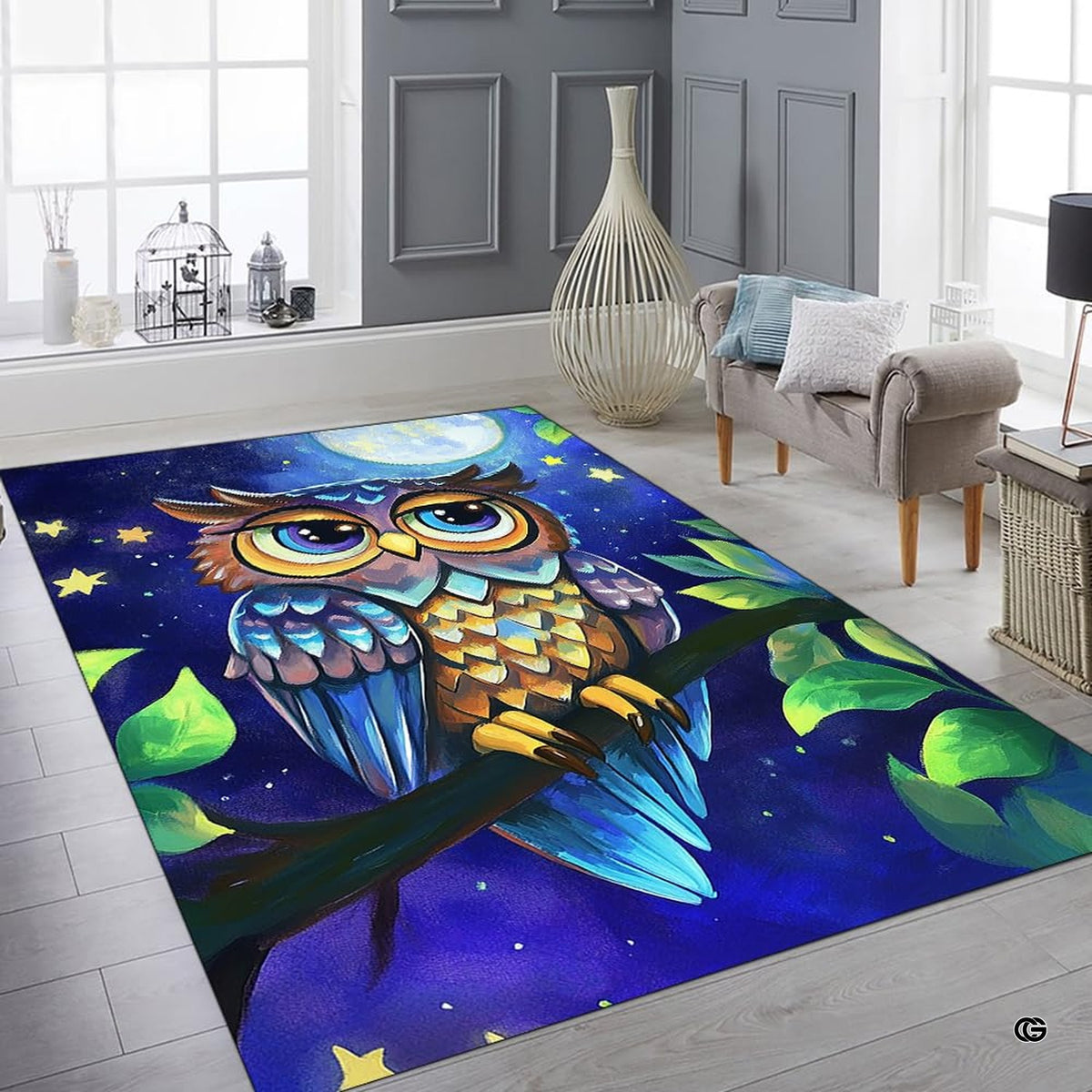 Room setting featuring whimsical owl art area rug positioned beside natural wood accents. - image 8 of 8