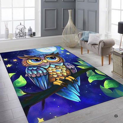 Room setting featuring whimsical owl art area rug positioned beside natural wood accents. - thumbnail image 8 of 8