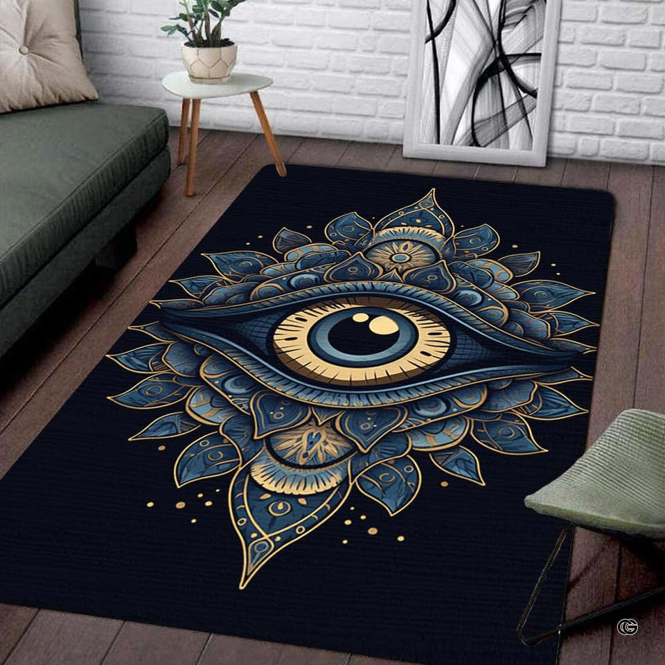Rectangular floor area rug featuring gold and blue mystic eye mandala on dark ground