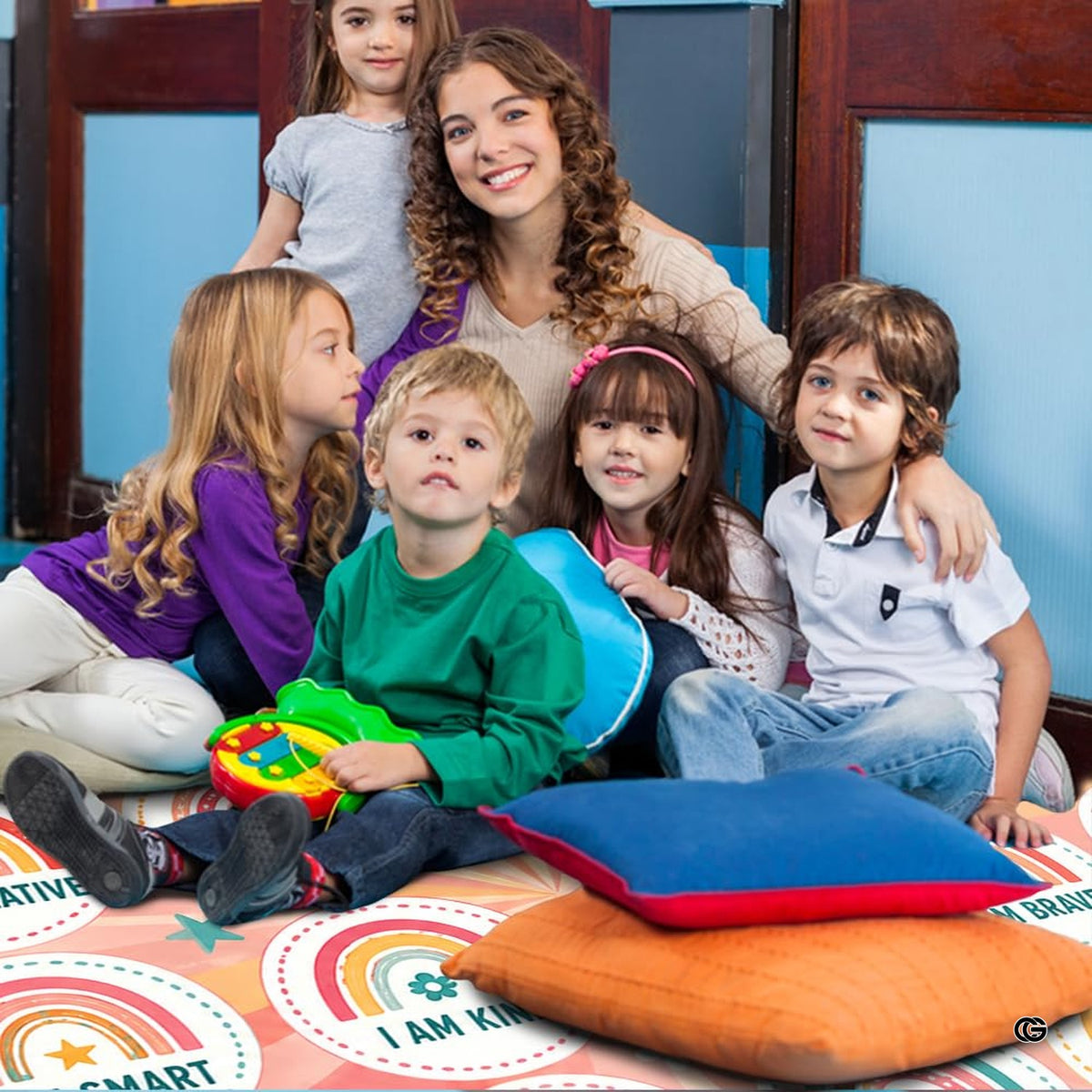 Rainbow affirmation educational carpet displayed in cozy classroom circle time interior