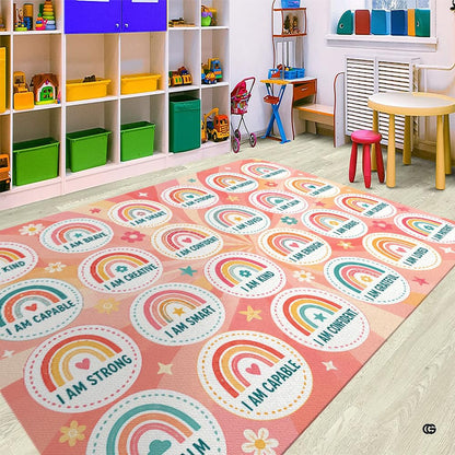 Soft low-pile microfiber surface texture on boho rainbow affirmations classroom area rug - thumbnail image 3 of 7