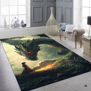 Overhead layout displaying charcoal black dragon and campfire glow on area rug print. - thumbnail image 6 of 7