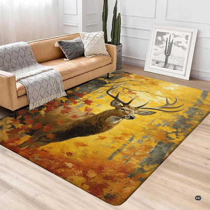 Detailed view of majestic buck antlers and amber woodland foliage on an autumn area rug. - thumbnail image 4 of 7