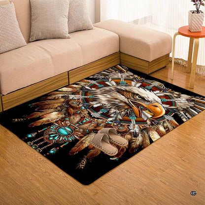 Overhead layout of the Native American eagle area rug centered within an elegant home lounge arrangement. - thumbnail image 7 of 7