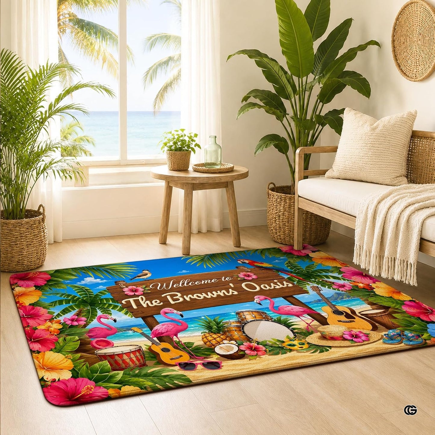 Personalized Tropical Beach Rug, Custom Family Name Tropical Outdoor Rug, Flamingo Surfboard Ocean Area Rug for Living Room, Patio, Beach House Decor, Design 02