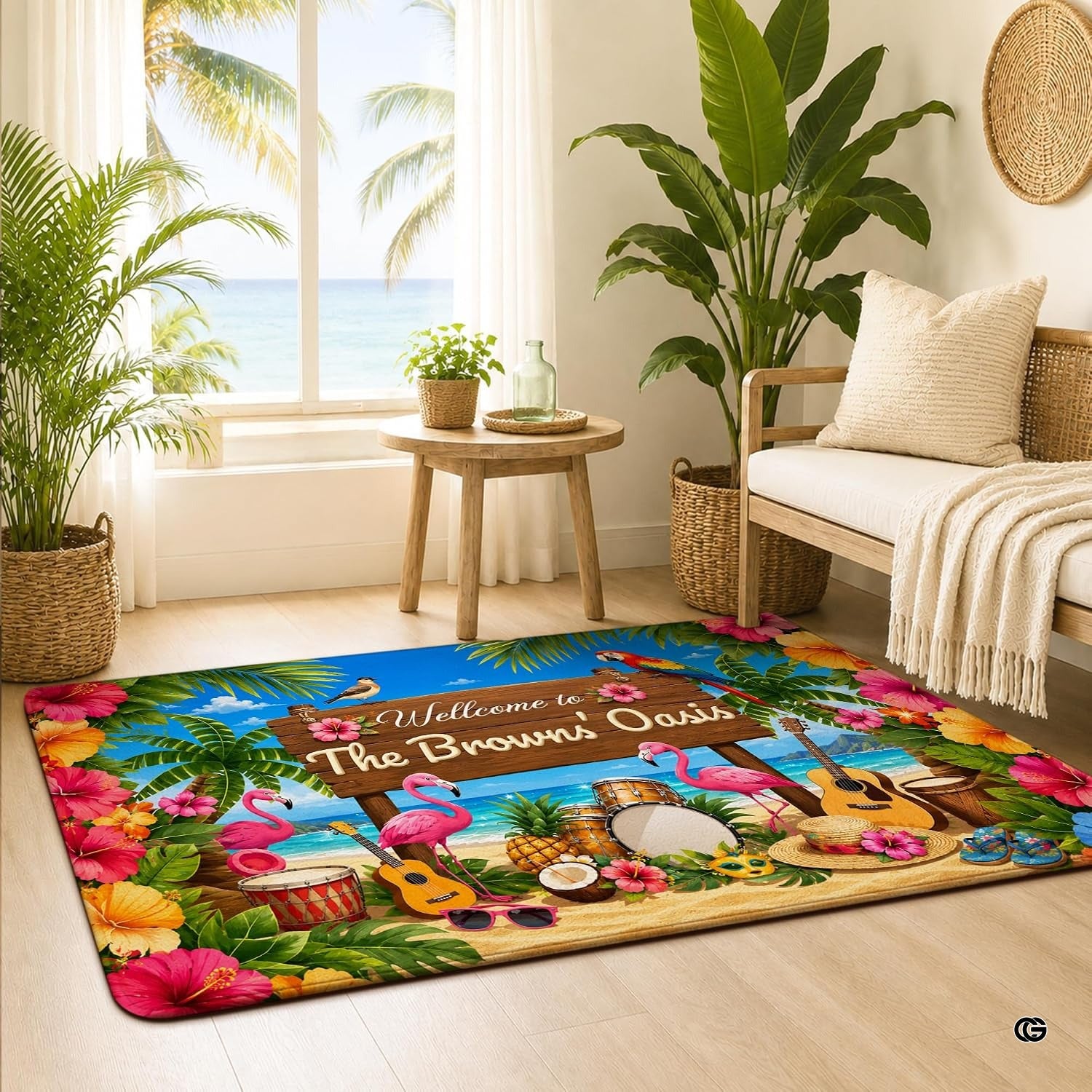 Personalized Tropical Beach Rug, Custom Family Name Tropical Outdoor Rug, Flamingo Surfboard Ocean Area Rug for Living Room, Patio, Beach House Decor, Design 02