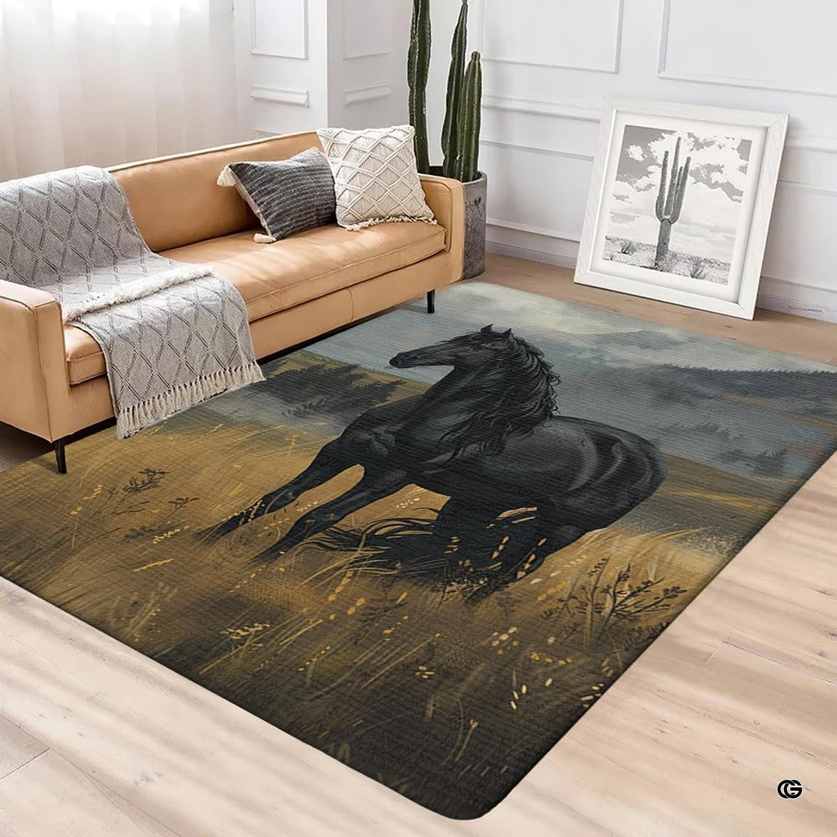 Detailed print view of galloping black steed in open meadow with amber tones.