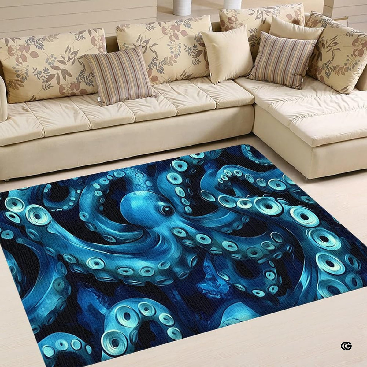 Deep blue kraken octopus living room area rug with swirling tentacles