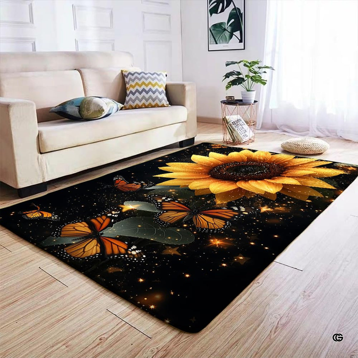 Sunflower butterfly area rug styled on light wood floor in modern living room setting. - image 4 of 7