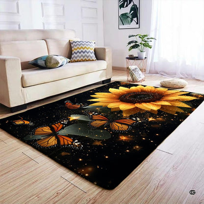 Sunflower butterfly area rug styled on light wood floor in modern living room setting. - thumbnail image 4 of 7