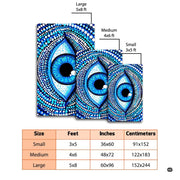Size dimensions chart illustrating small, medium, and large options for the dotted evil eye rug - thumbnail image 2 of 8