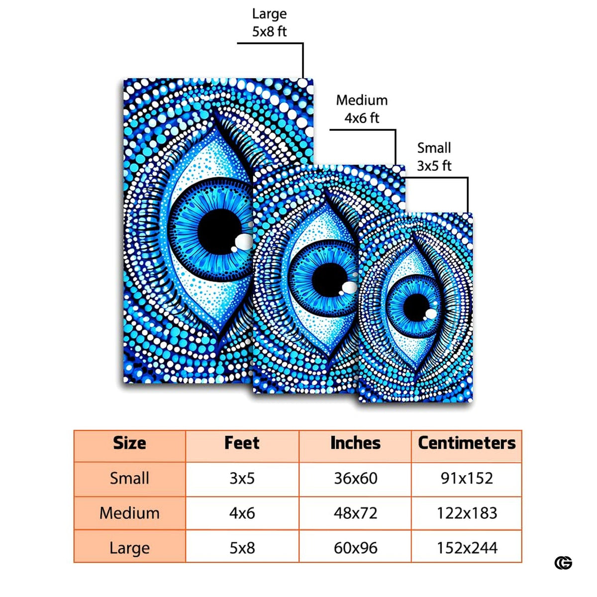 Size dimensions chart illustrating small, medium, and large options for the dotted evil eye rug - image 2 of 8