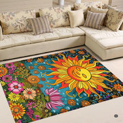 Vintage psychedelic rug visual detail showing multicolored daisies, sunflowers, and purple blooms. - thumbnail image 2 of 5