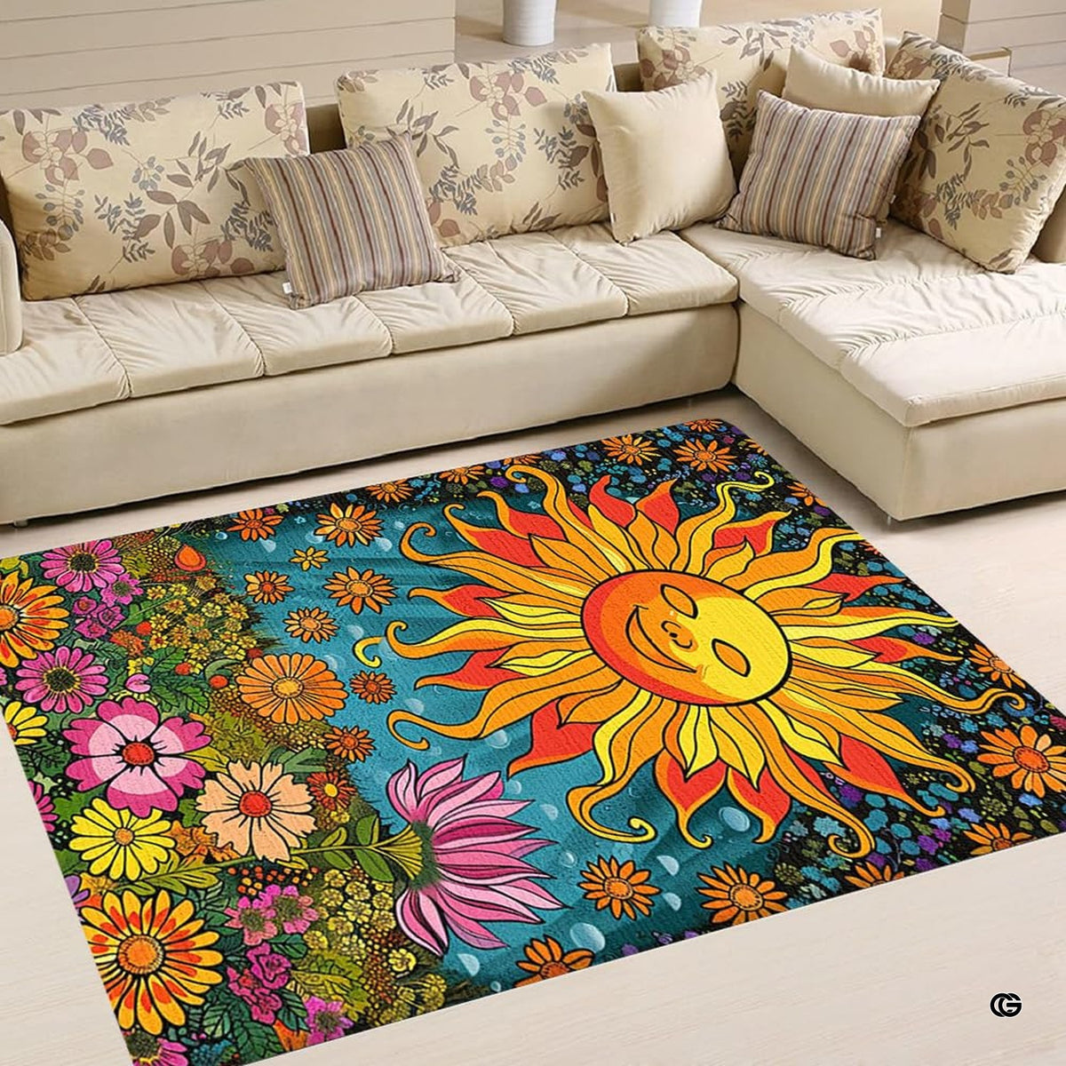 Vintage psychedelic rug visual detail showing multicolored daisies, sunflowers, and purple blooms. - image 2 of 5