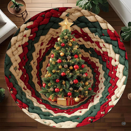 Round Christmas tree rug with braided red green and cream rings