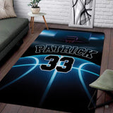 Custom cyber neon basketball living room area rug with glowing cyan court lines and athletic personalization banner