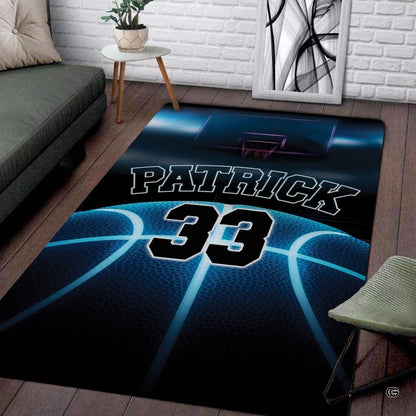 Custom cyber neon basketball living room area rug with glowing cyan court lines and athletic personalization banner - thumbnail image 1 of 7