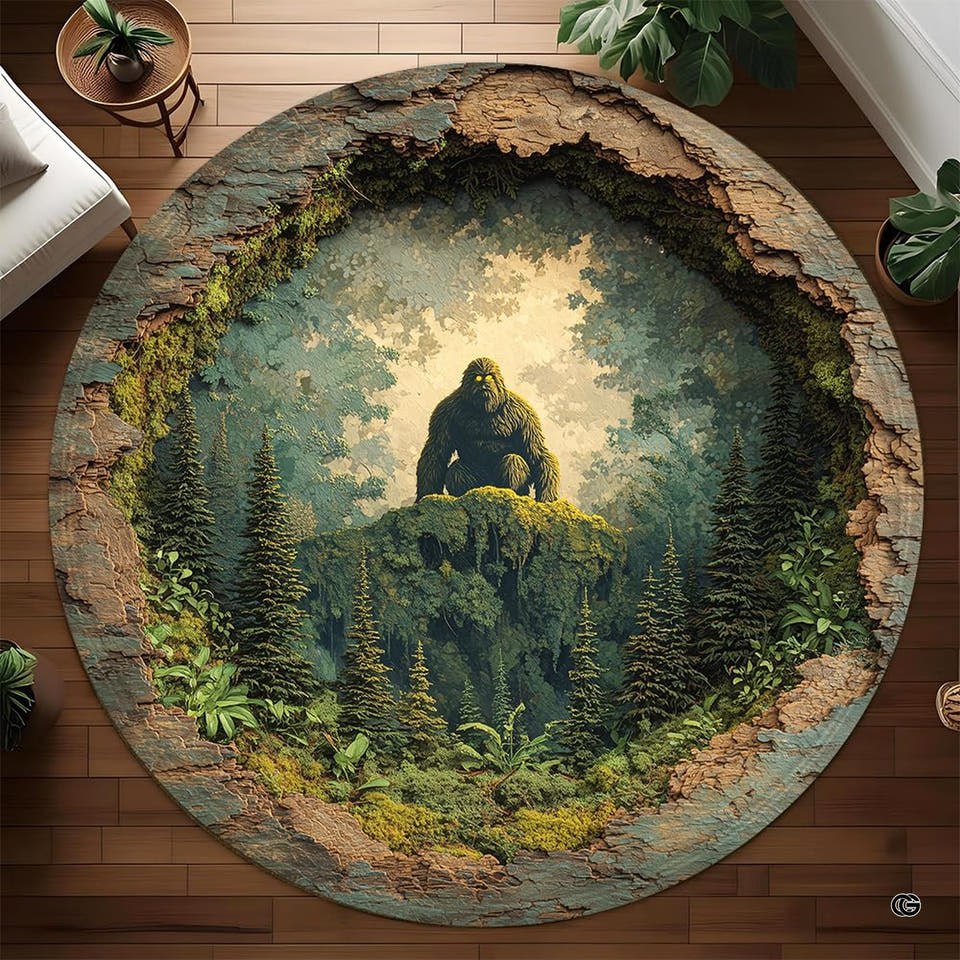 Round Bigfoot rug seated on a mossy forest cliff