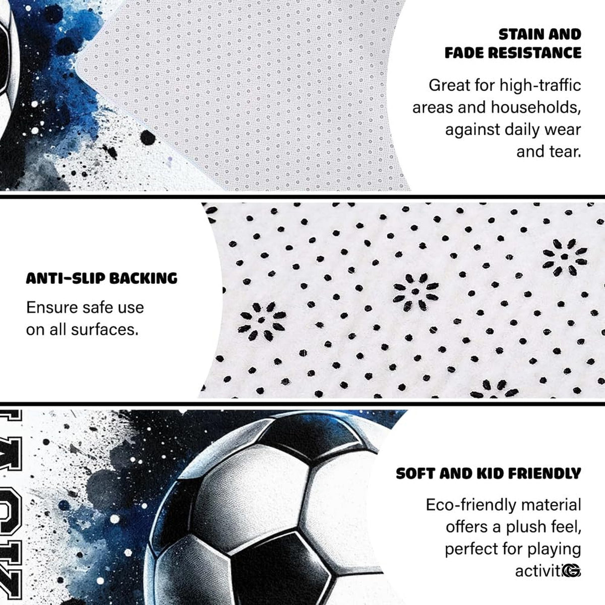 Anti-slip dot backing and hemmed edge stitching on soccer watercolor area rug - image 4 of 8