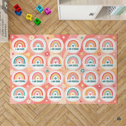 Dimensions and sizing options chart for boho rainbow affirmations classroom area rug - thumbnail image 2 of 7