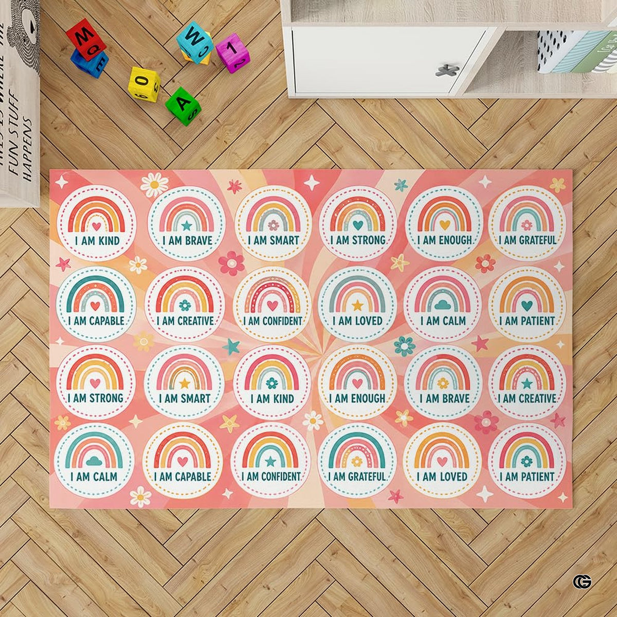 Dimensions and sizing options chart for boho rainbow affirmations classroom area rug - image 2 of 7