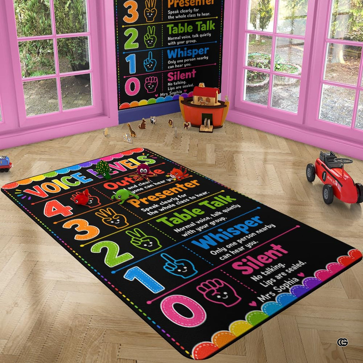 Voice levels chart area rug styled on hardwood flooring in school classroom.