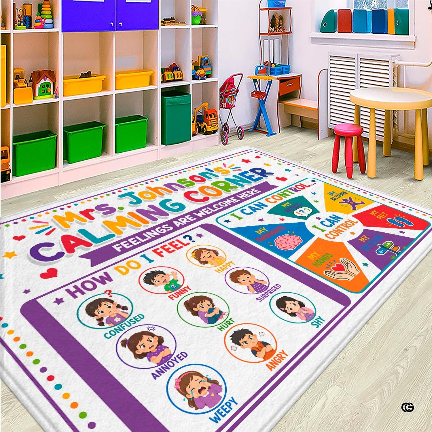 Personalized Calming Corner Rug for Classroom, Custom Teacher Name Reading Corner Rug, Emotions Feelings Carpet, Soft Fluffy Calm Corner Decor for School Reading Nook (Calming Corner Feeling)