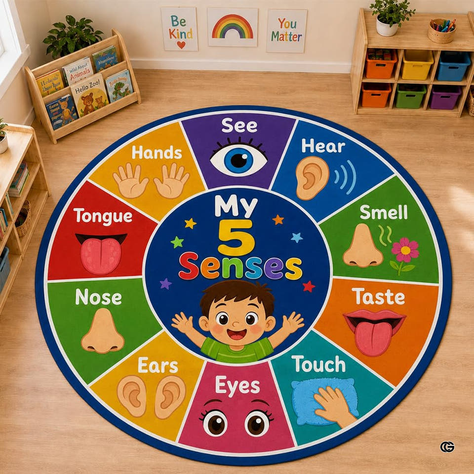 Classroom rug circle time seating layout featuring five thematic accent colorful wedges.