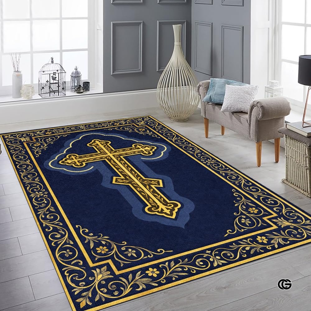 Personalized Orthodox Christian Area Rug, Custom Eastern Orthodox Russian Greek Byzantine Non-Slip Rug for Women Men, IC XC Nika Cross Mat for Living Room, Bedroom, Church Decor (D4)