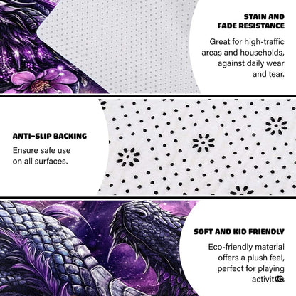 Infographic showing the non-skid dot backing and edge stitching of the purple dragon rug - thumbnail image 4 of 8