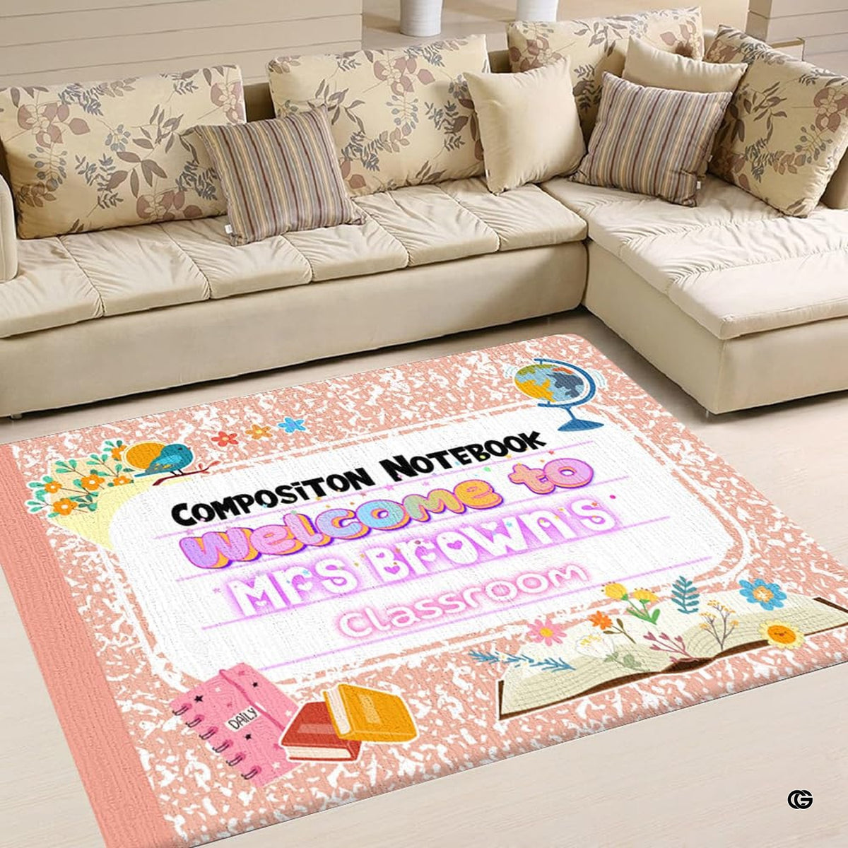 Living room sofa setting displaying the peach marbled composition notebook teacher area rug - image 1 of 8
