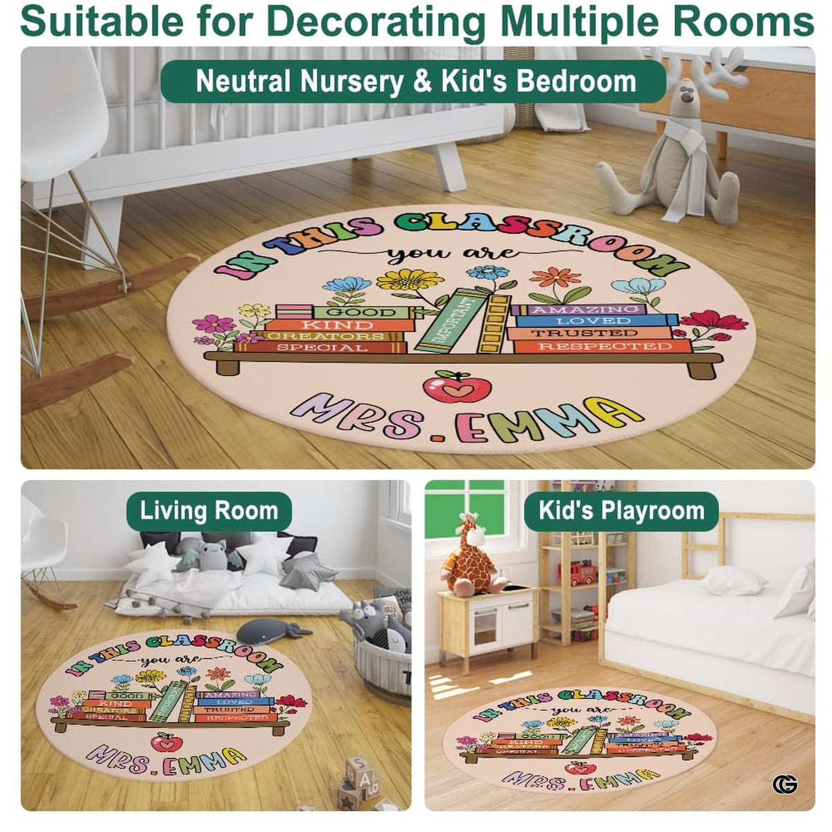 Full view of the circular welcome area rug illustrating books, wildflowers, and garden botanicals.