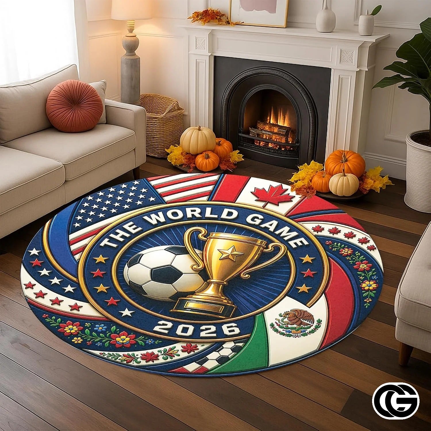 Custom Soccer Round Rug with Trophy and World Flags