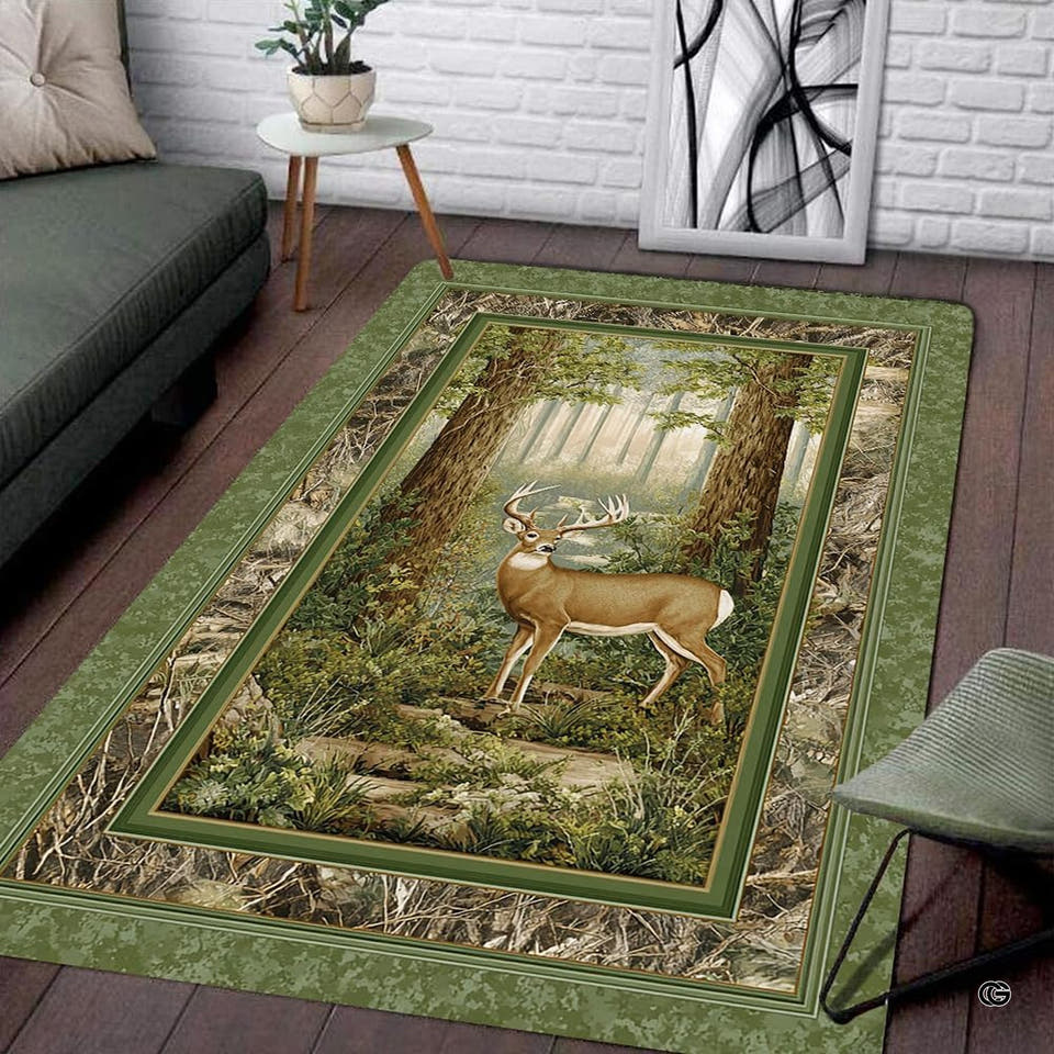 Forest buck area rug displaying a scenic deer motif with camouflage borders on living room floor.