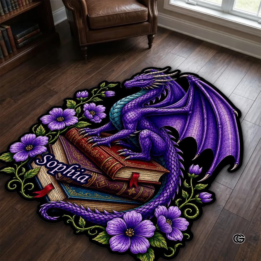 Custom Dragon Shaped Area Rug, Personalized Library Western Dragon Shaped Floor Mat Book Rug, Non-Slip Reading Room Carpet for Living Room, Bedroom, Dorm, Kids Room, Fans Lover (D8)