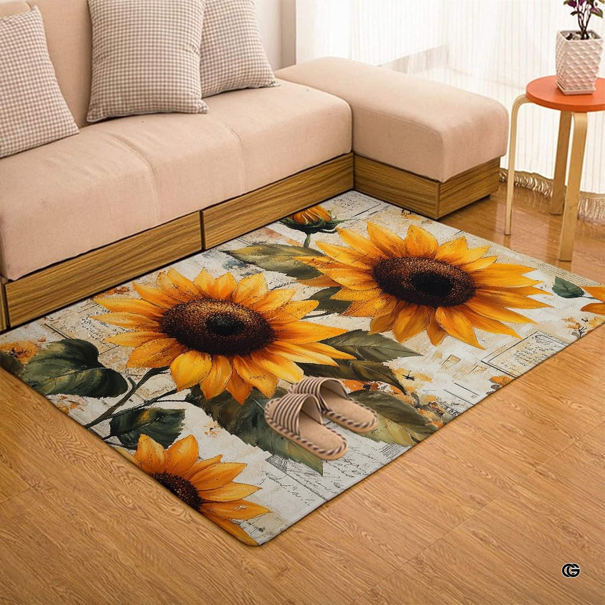 Overhead flat perspective of rectangular vintage script sunflower area rug