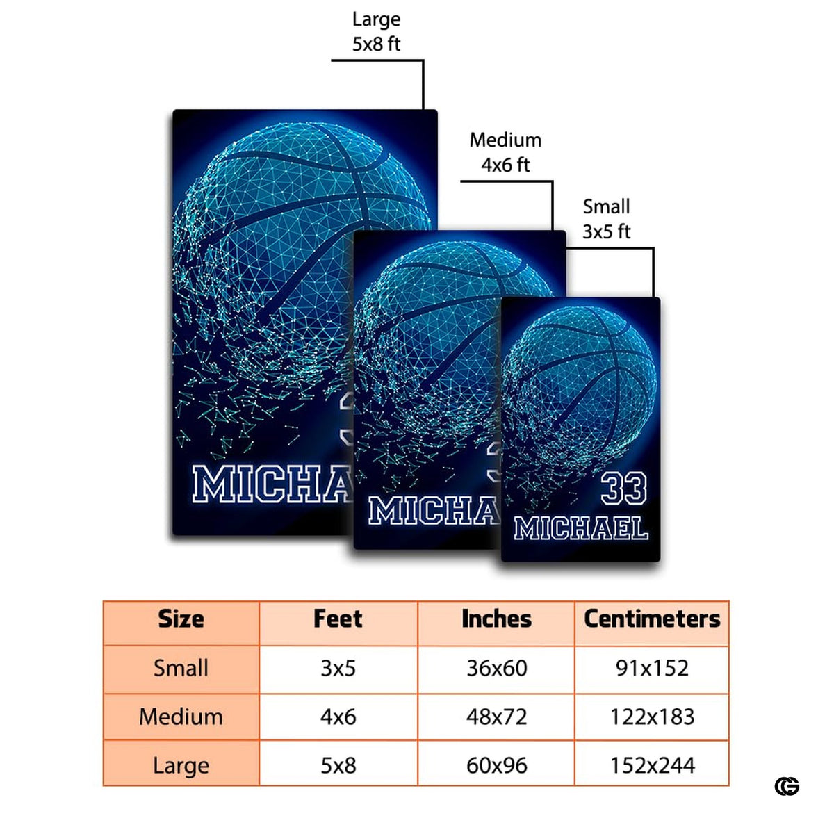 Dimension comparison chart displaying multiple size formats for this basketball area rug. - image 2 of 7