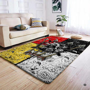 Infographic showing the non-skid dot backing and edge stitching of the warrior chief rug - thumbnail image 4 of 7