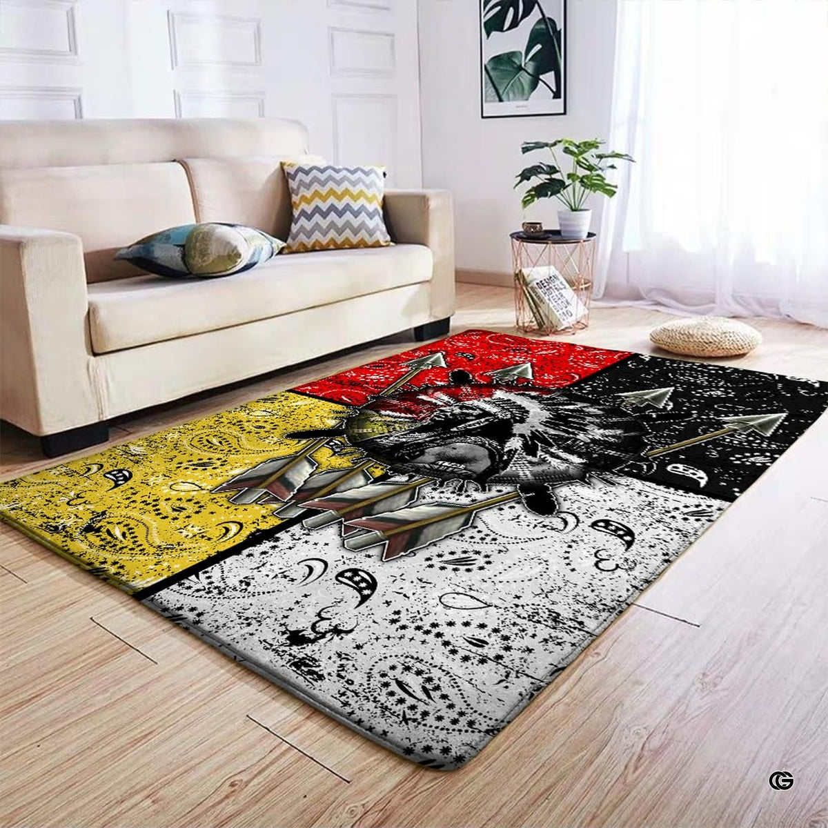 Infographic showing the non-skid dot backing and edge stitching of the warrior chief rug - image 4 of 7