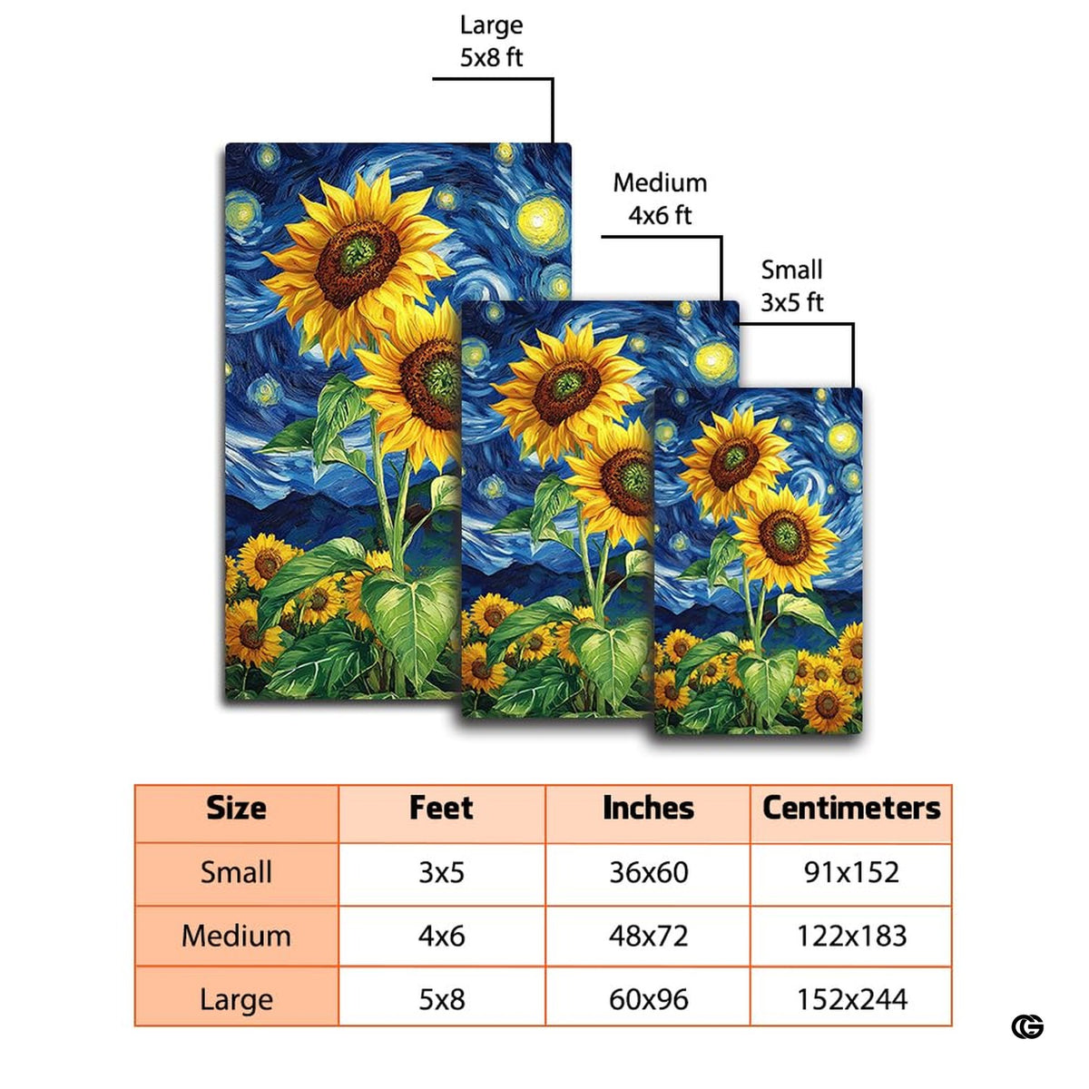 Dimension comparison chart displaying multiple size formats for this starry night sunflower area rug. - image 2 of 7