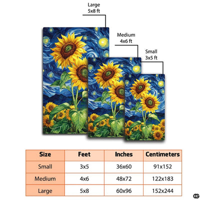 Dimension comparison chart displaying multiple size formats for this starry night sunflower area rug. - thumbnail image 2 of 7