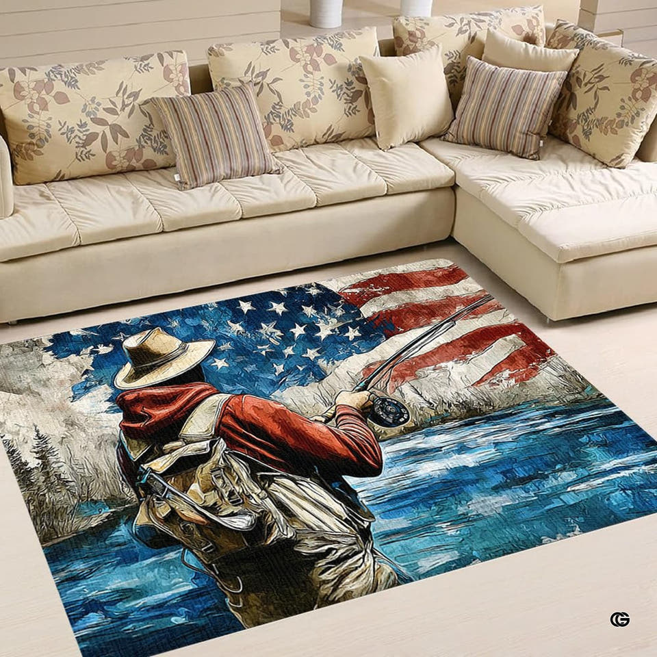 Fly fishing rug showing an angler wading in water against a painted American flag background.