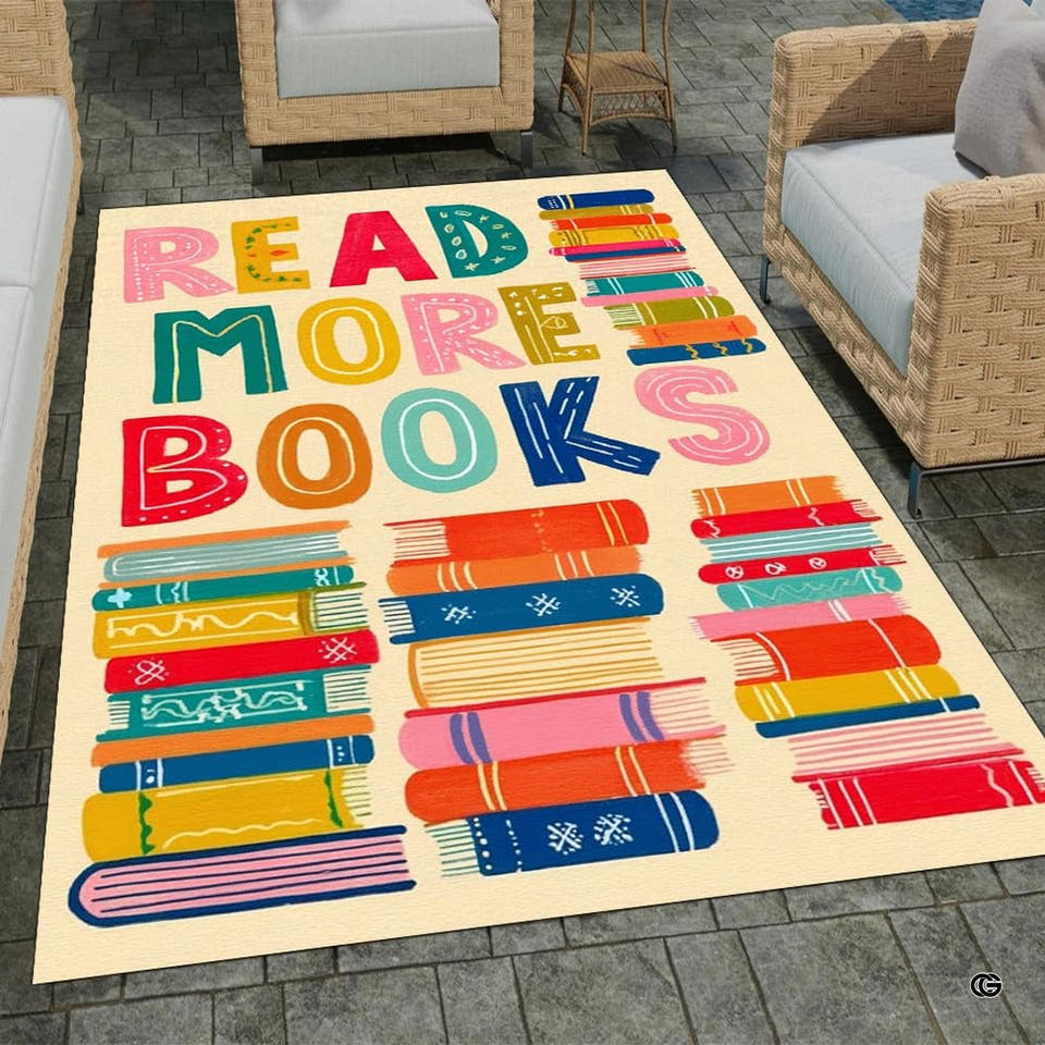 Colorful stacked literature themed area rug centered on a wooden floor