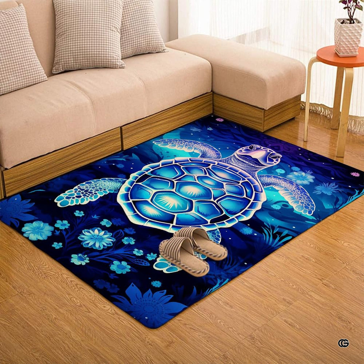 Angled perspective of vibrant underwater marine theme rug in bright room.