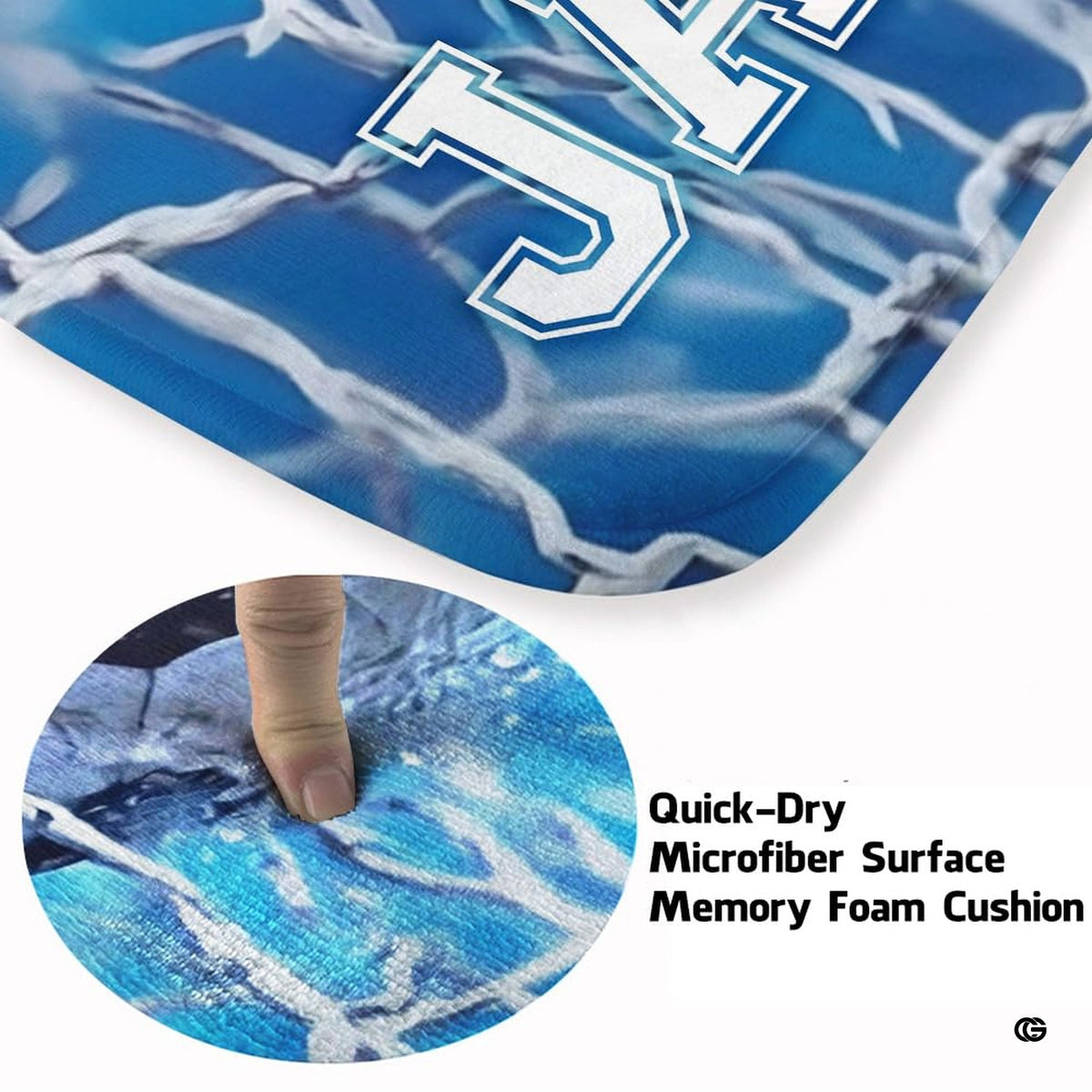 Close up texture detail of soccer goal net area rug soft pile surface and hemmed edges.
