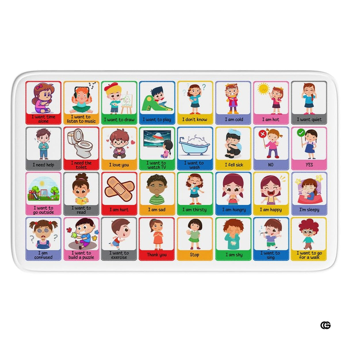 Visual communication feelings chart classroom area rug displaying 32 cue cards